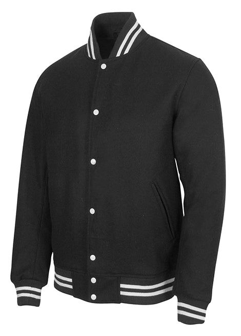 Black varsity-style jacket with white striped collar and cuffs and a snap-button front, shown at an angle against a plain background