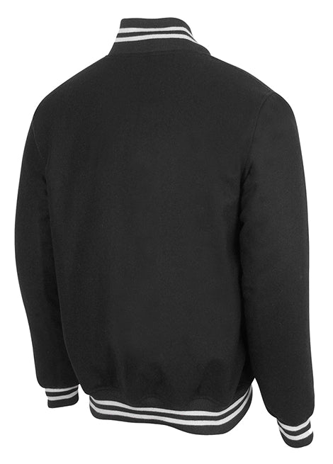 Black wool varsity jacket viewed from the back with white striped collar and cuffs