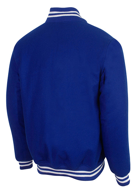 Royal blue wool varsity jacket viewed from the back with white striped collar and cuffs