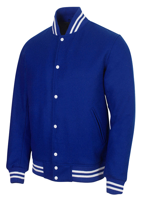 Royal blue varsity-style jacket with white striped collar and cuffs and a snap-button front, shown against a plain white background