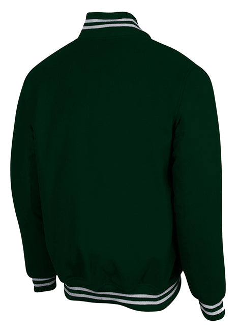 Dark green varsity-style jacket viewed from the back with white striped collar and cuffs, shown against a plain background