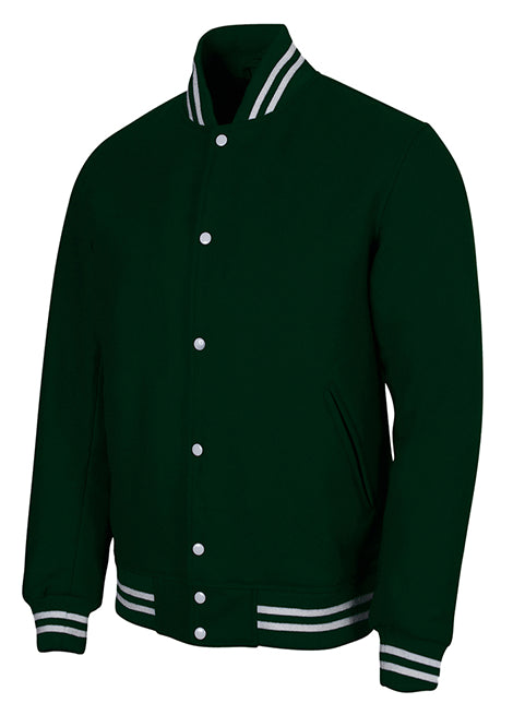 Dark green varsity-style jacket with white striped collar and cuffs, snap-button front, shown at an angle