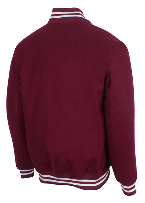 Maroon varsity-style jacket viewed from the back with white striped collar and cuffs, shown against a plain background